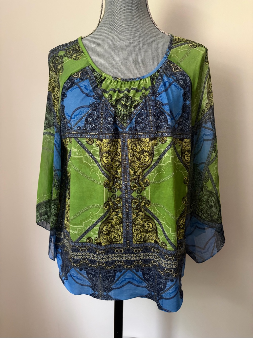 Y2K Boho Green & Blue Printed Scoop Neck Blouse